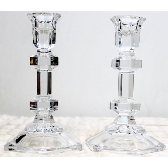 Oslo by Tuscany 6" Lead Crystal Taper Candlestick Pair Wedding Dinner Table - Picture 3 of 8